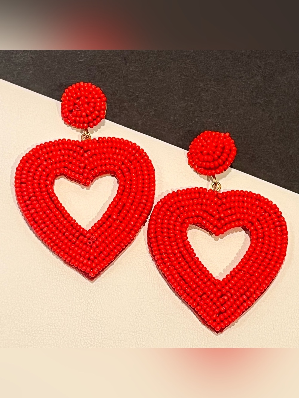 New Piper K Red Hand Beaded Heart Drop Earrings Seed beads